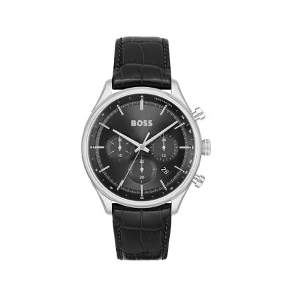 Boss Black Dial, Black Leather Strap, Chronograph Gents Watch