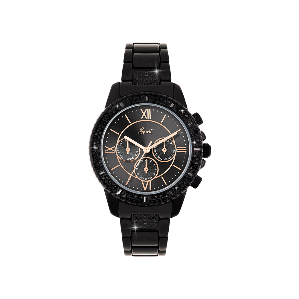Spirit Ladies Black Bracelet Watch with Stone Set Bezel